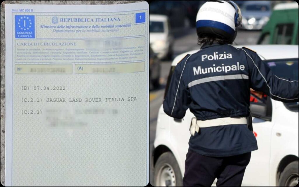 Collage libretto di circolazione e agente polizia municipale che fa un controllo di schiena