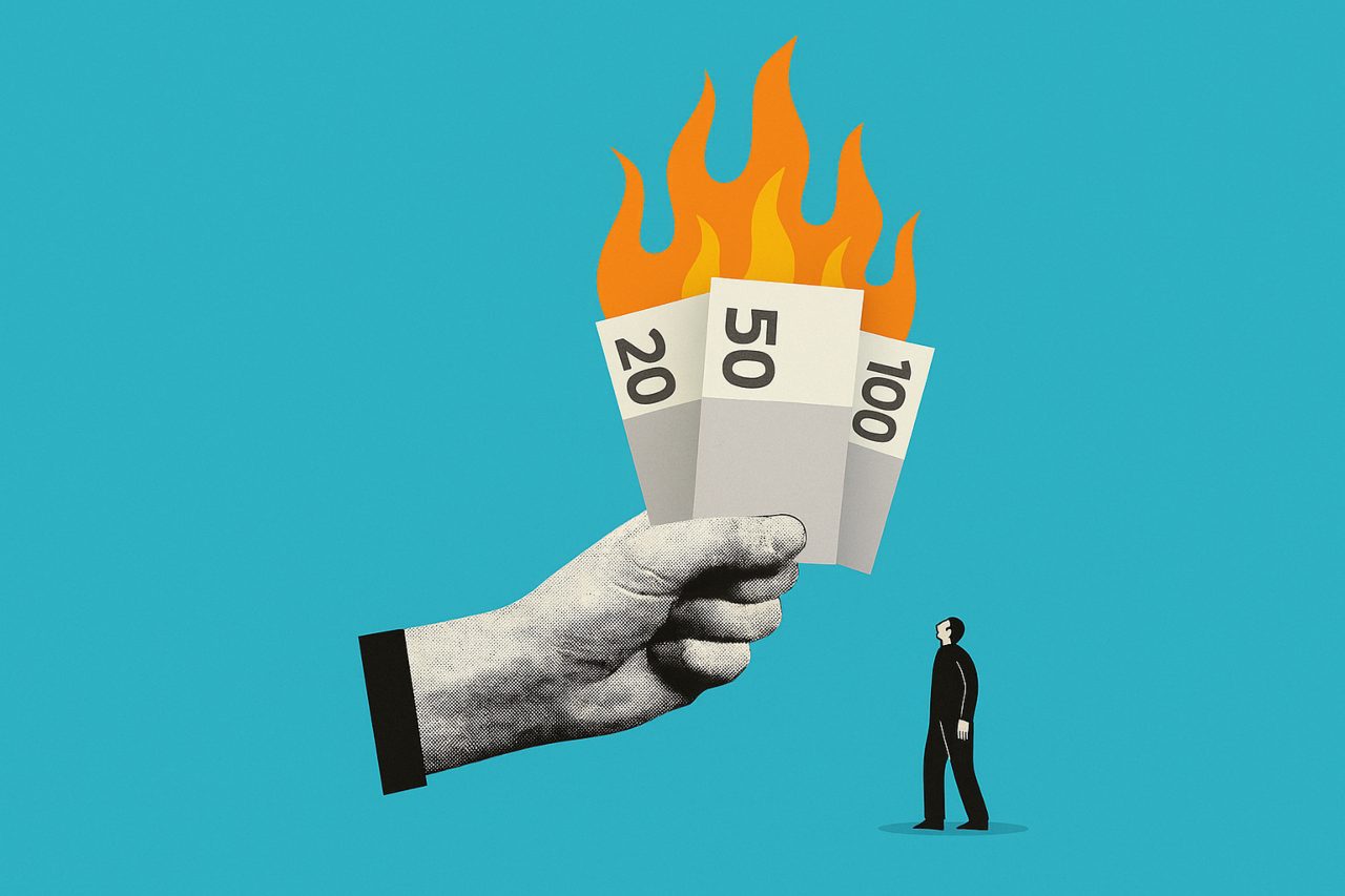 Illustrazione soldi che bruciano e persona che li guarda: pignoramento